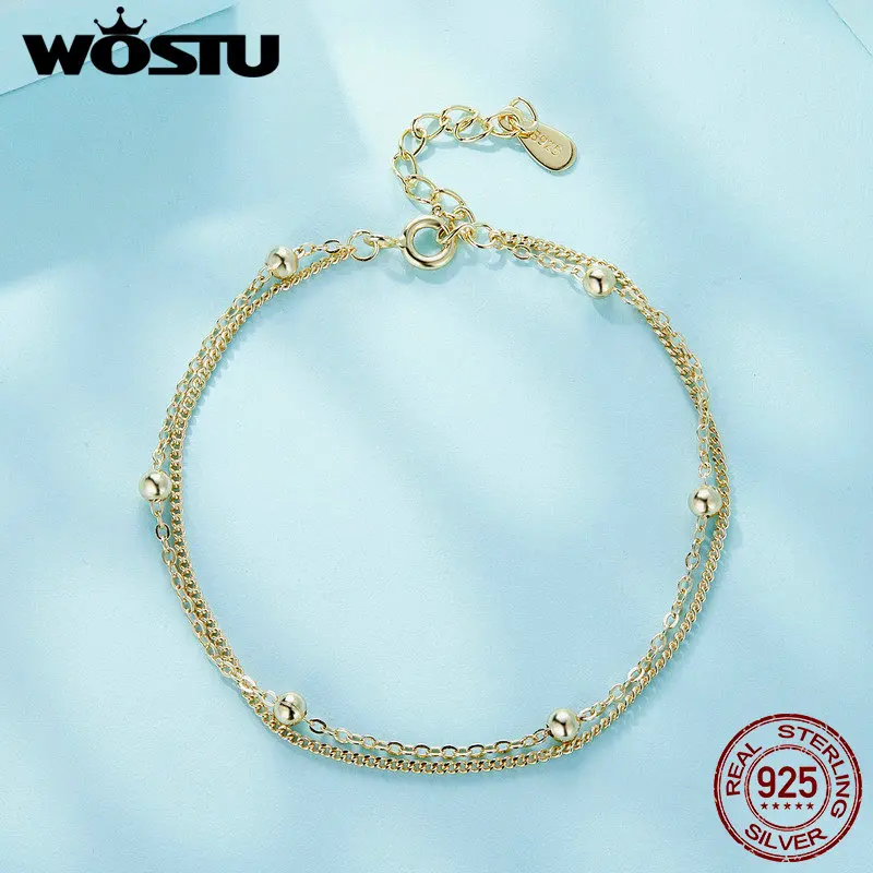 WOSTU braccialetti con perline a doppio strato per le donne vero argento Sterling 925 semplice catena regolabile gioielli per feste regalo di