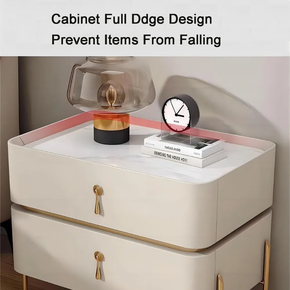 Comodino a due cassetti con manico in metallo, comodino in materiale PU, armadio portaoggetti per spazio abitativo