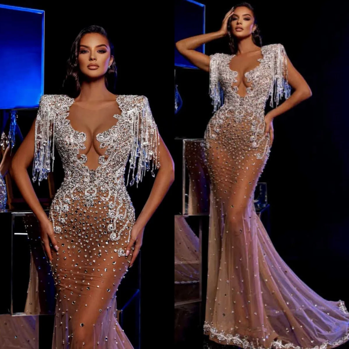 

Современное вечернее платье русалки с рукавами и кисточками, сексуальное атласное платье для выпускного вечера с v-образным вырезом и бусинами, платья de novia, большие размеры по индивидуальному заказу