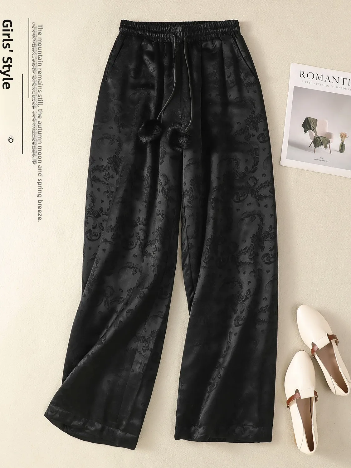 Authentic High-End Chinese Style Thick Wide Leg Pants Women's High Waist Straight Cut Floral Embroidery Winter Trousers