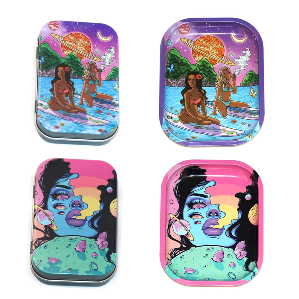 2PCS/Set Cigarette Case Rolling Tray Tinplate Box With 18x14cm Tobacco Rolling Tray Pattern Metal Smoking Accessories