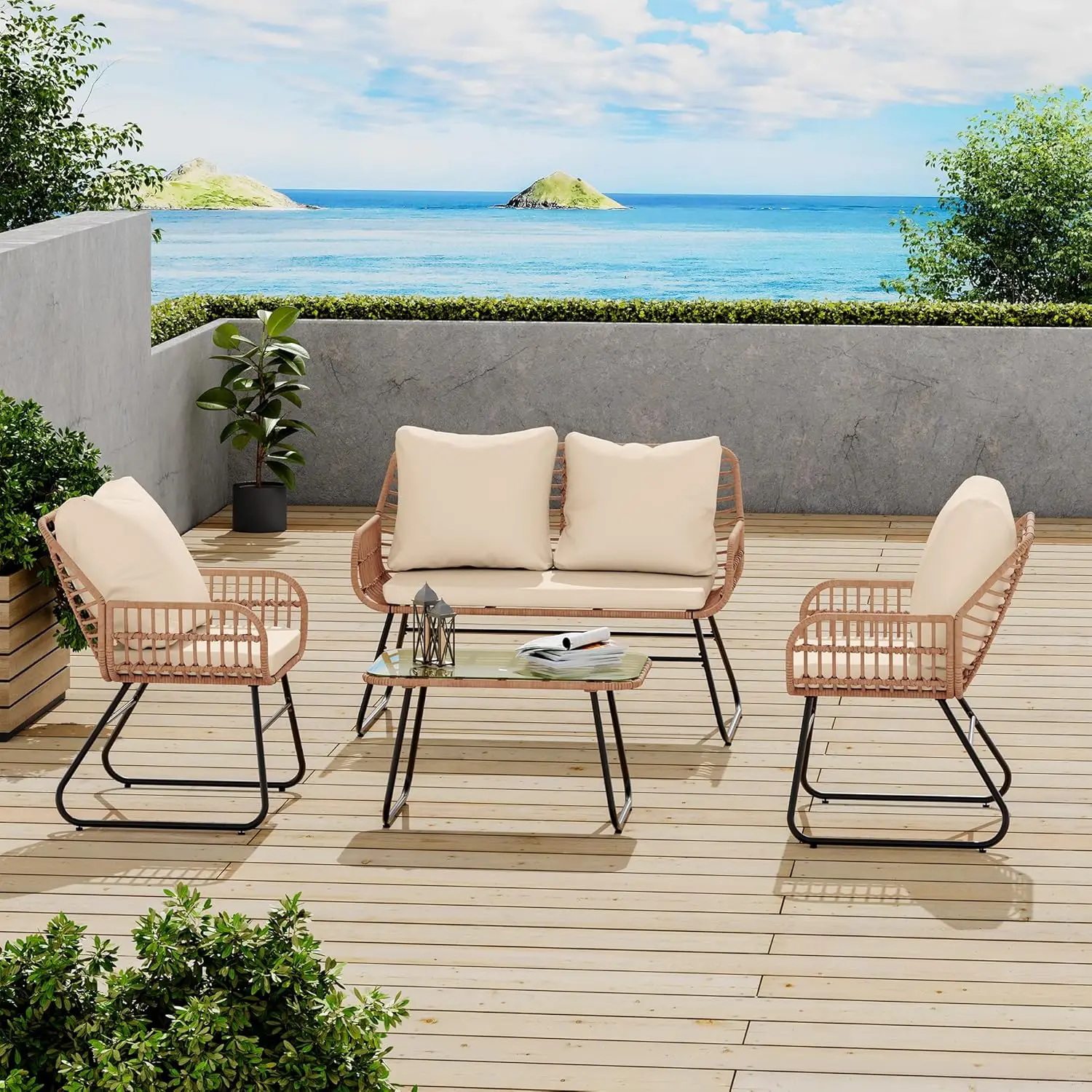 

4PCS Rattan Patio Furniture Set, All-Weather Bistro Conversation Loveseat for Outdoor Living Spaces w/ Cushions & Metal Table