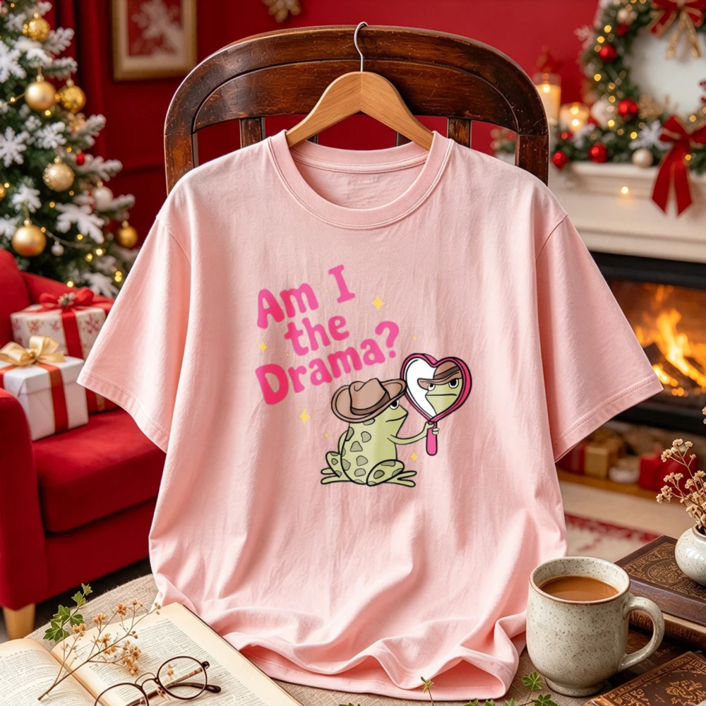 Am I The Drama Graphic Tee Cute Cowboy Frog Holding Heart Mirror Star Print Funny Meme Casual T-shirt Trendy Aesthetic Daily Top