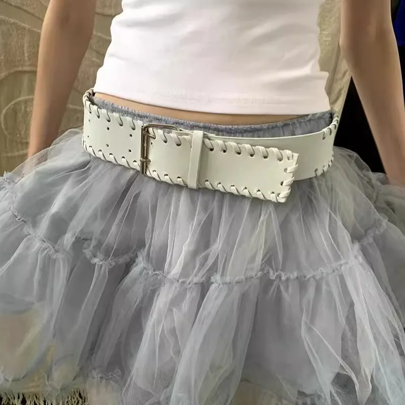 

2025 New Wide Edge Braided Handmade Belt Double Pin Buckle Pu Leather Trendy Belt Punk Hottie Jeans Embellished Belt