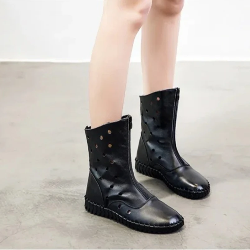 

2025 летние ботинки ручной работы из натуральной кожи, женские ботинки до середины икры, дышащие ботинки на молнии спереди, крутые ботинки на плоской подошве, большой размер 41 42 43