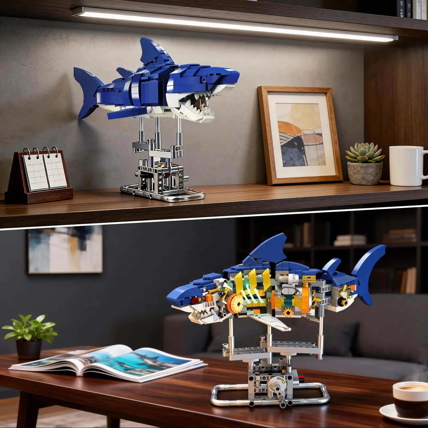 Party Favors  Mechanical Shark Building Set STEM Toy with LED Light  Interactive Shark Building Block with Crank Mechanism, 687 PCS Sea Animal Birthday Christmas Gift for Adults Teens
