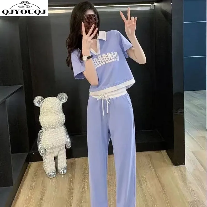 

Spring and summer new polo collar printed short sleeved top+casual pants fashionable two-piece set