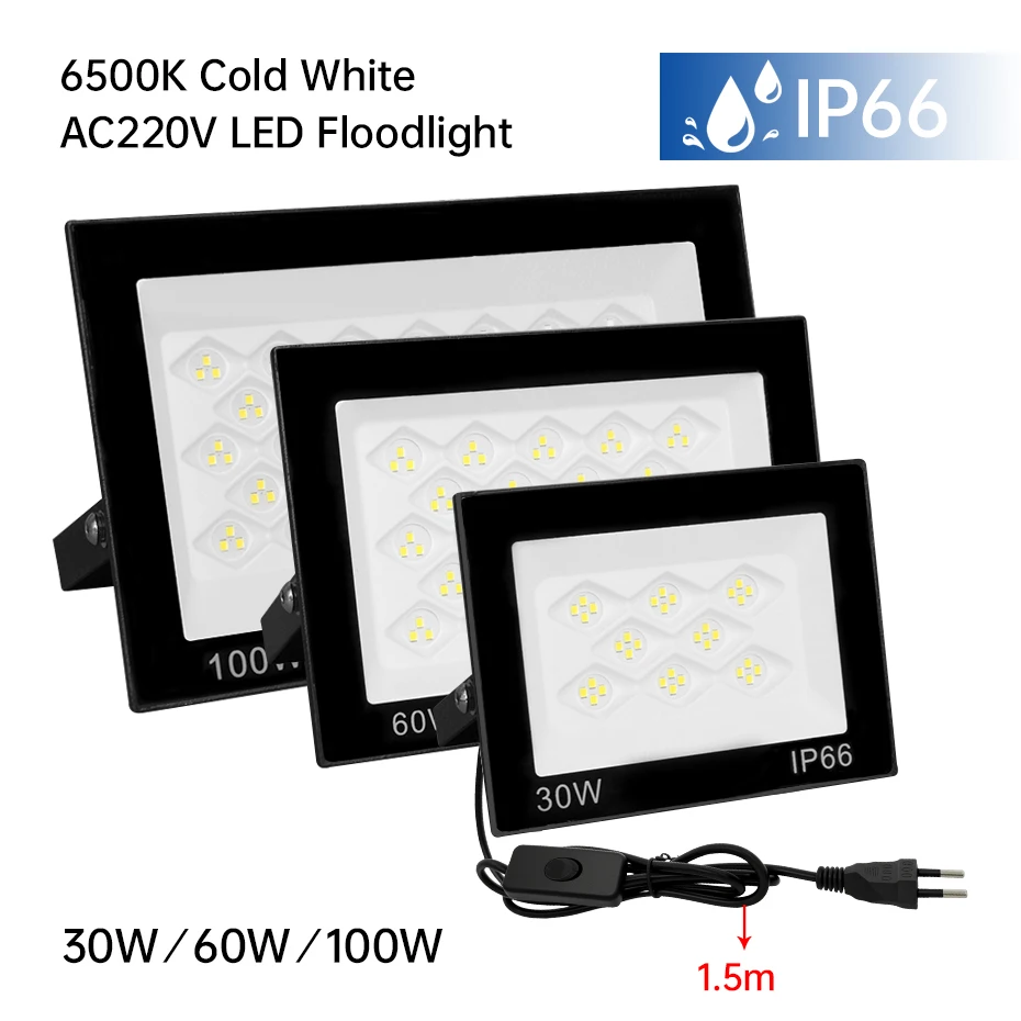 

AC220V 30W 60W 100W LED Flood Light with EU/AU/UK Switch Plug Cold White LED Floodlight IP66 Waterproof Outdoor Home Lighting