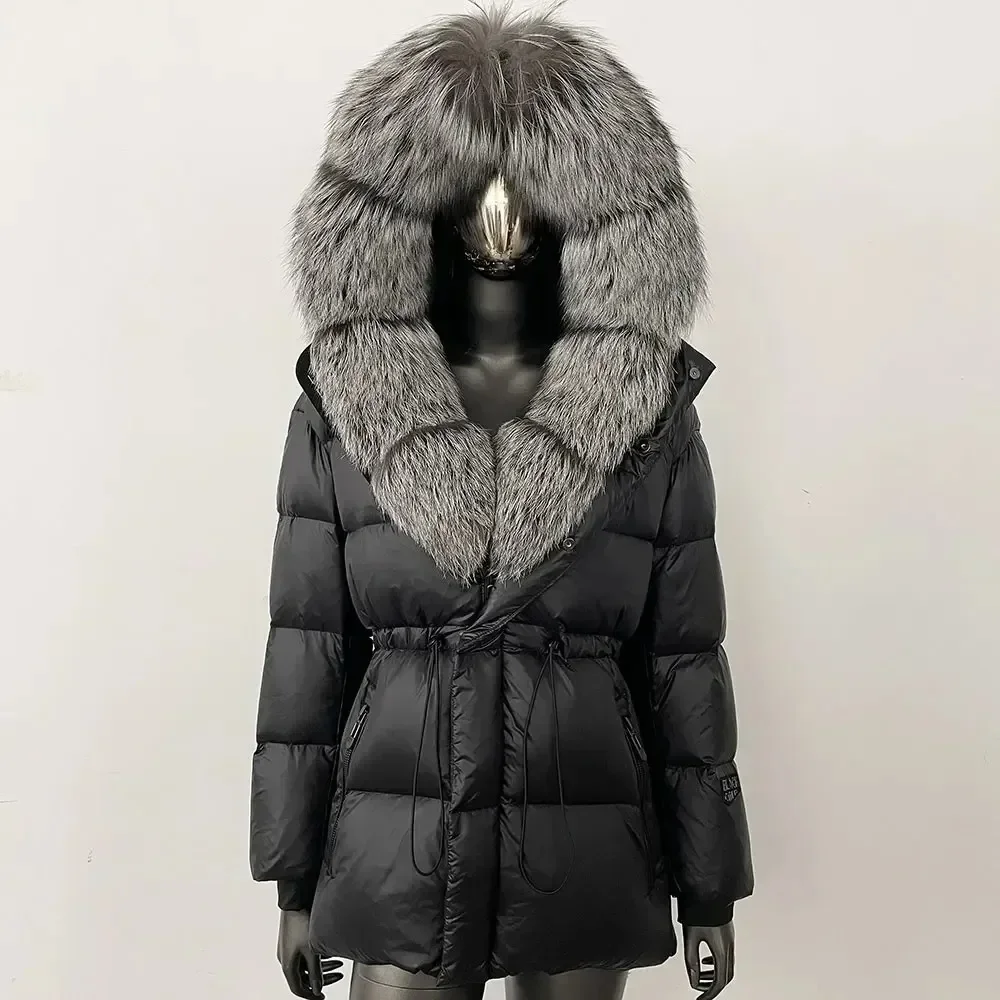 

White Goose Down Jacket Loose Real Big Fox Fur Collar Winter Real Fur New Natural Thick Warm Belt Puffer Parka Coat Women