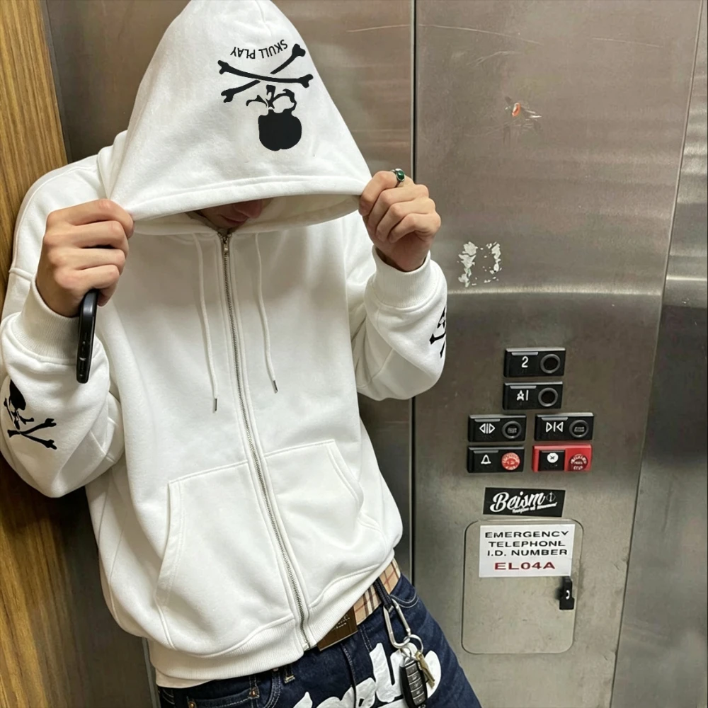 Unisex Zip Hoodie Graphic Print Long Sleeve Oversized Sweatshirt Casual Street Style Loose Hooded Jacket For Men Women