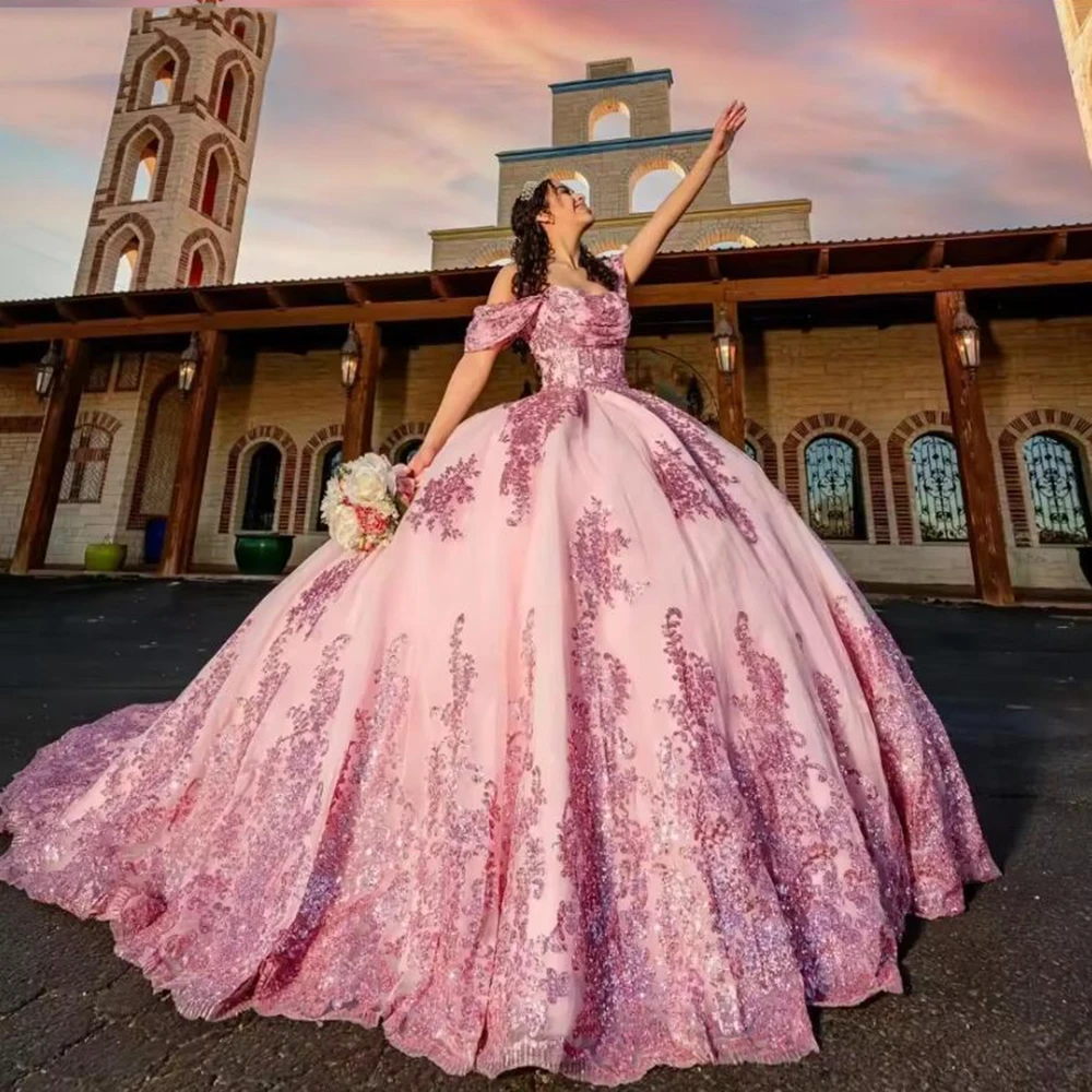 Sparkly Sequins Pink Quinceanera Dress Customized Off Shoulder Lace Appliqued Ball Gown Princess Sweet 16 Vestidos De 15 Anos