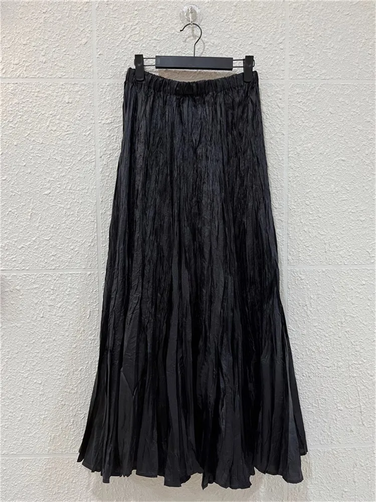 Skirts For Women Solid Polyester Fiber High Waist Versatile Slimming Pleated Women's Mid Length Skirt Elastic Waist