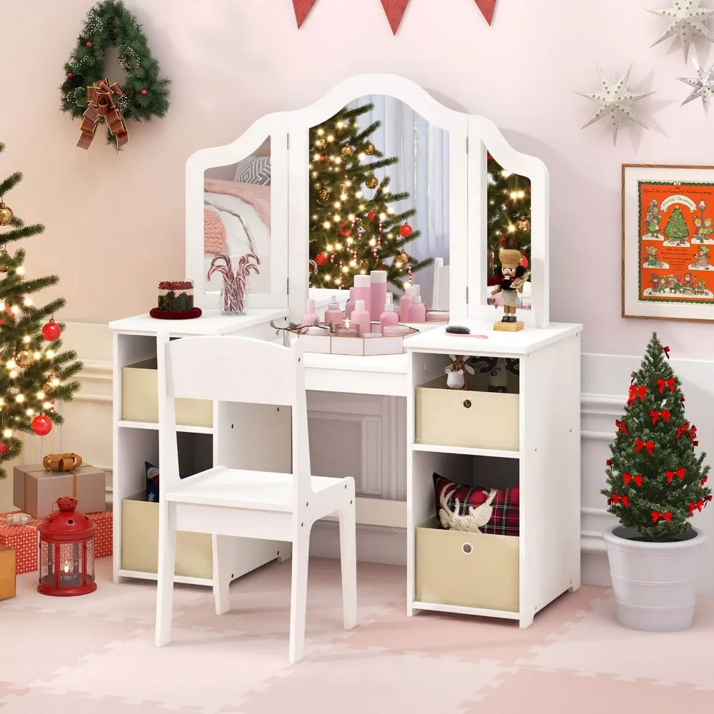 Kids Vanity Table & Chair Set 2-in-1 Princess Pretend Play Makeup Vanity Set
