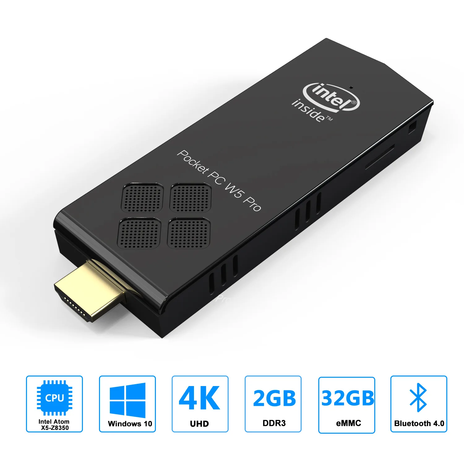 W5 Pro Z8350 Mini PC 4GB 64GB Quad-Core Desktop with W10 OS Computer Stick, Compact Mini PC