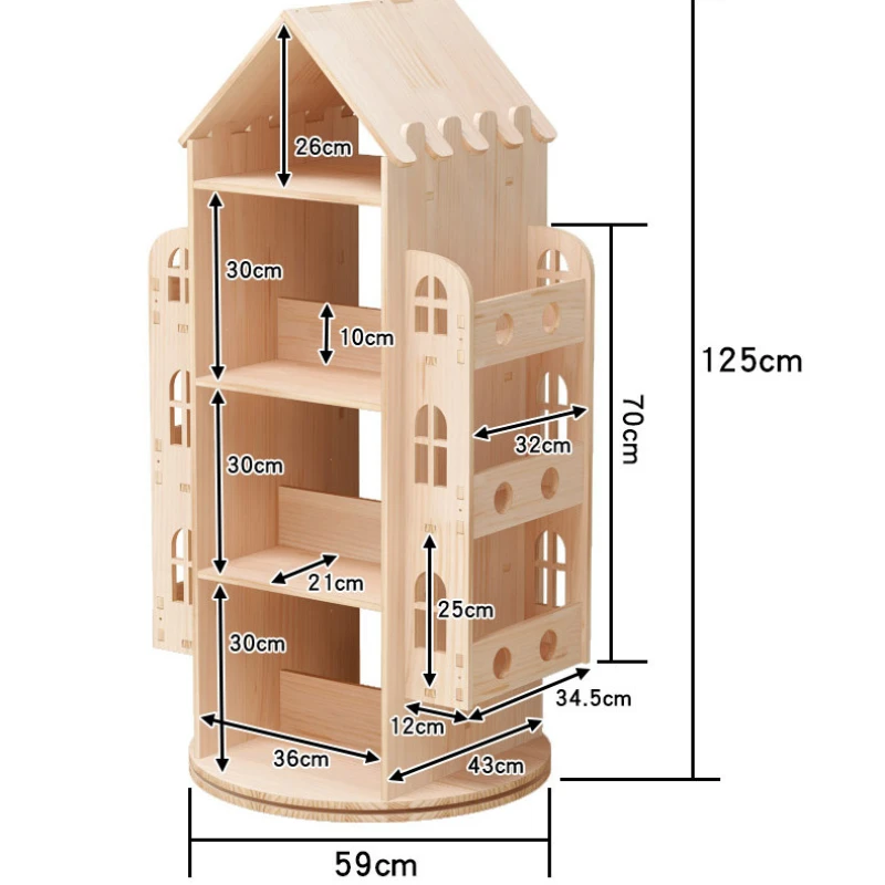 Wielowarstwowy 360°° Obrotowy regał dziecięcy z litego drewna do przechowywania w biurze domowym