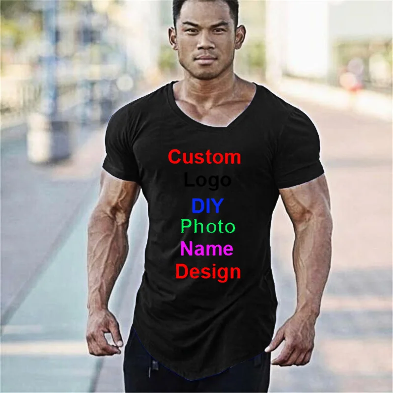 Customized DIY Brand Logo T-Shirt Mens Gym Clothing V-neck Short Sleeve Slim Fit T Shirt Ftiness Men compression Tshirt homme