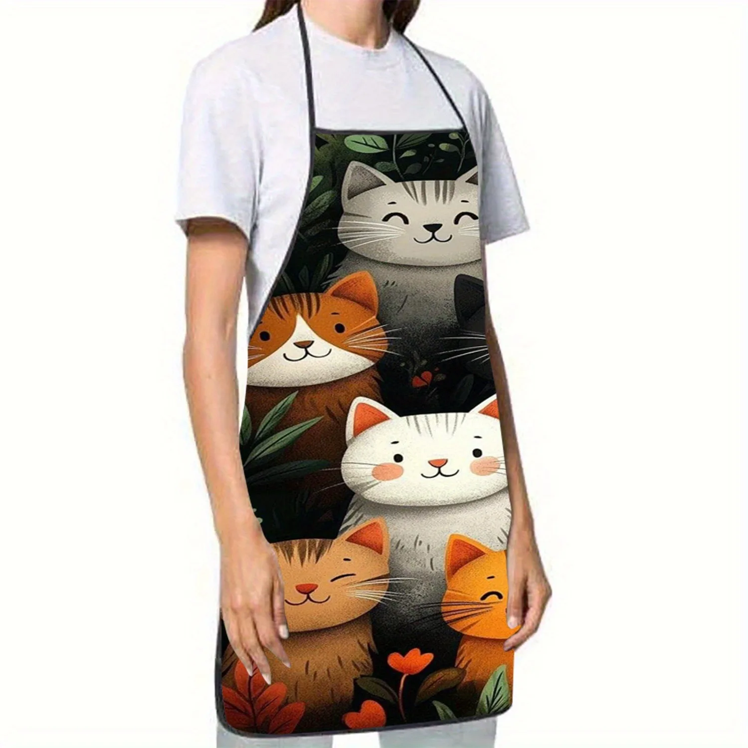 Niedliche Schürze aus Polyester mit Katzenmuster, lebendige Cartoon-Katzen mit Herzen und Sternen-Design, Küchenschürze zum Kochen, Backen, Heimdekoration – Detail 5