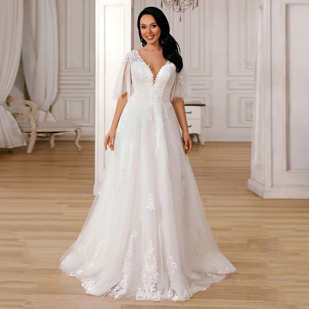 Jiayigong Plus Größe Brautkleid für Frauen V Neck Halbarm Zurück Zipper mit Tasten Applique Weich Tüll Braut Hochzeit kleid