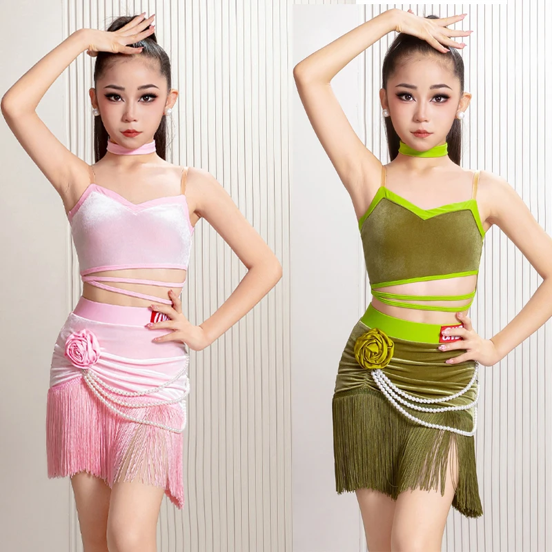 New Girls Latin Dance Costumes Kids Rumba Latin Dance Clothing Velvet Top Tassels Skirts Children Latin Dance Wear DW10931