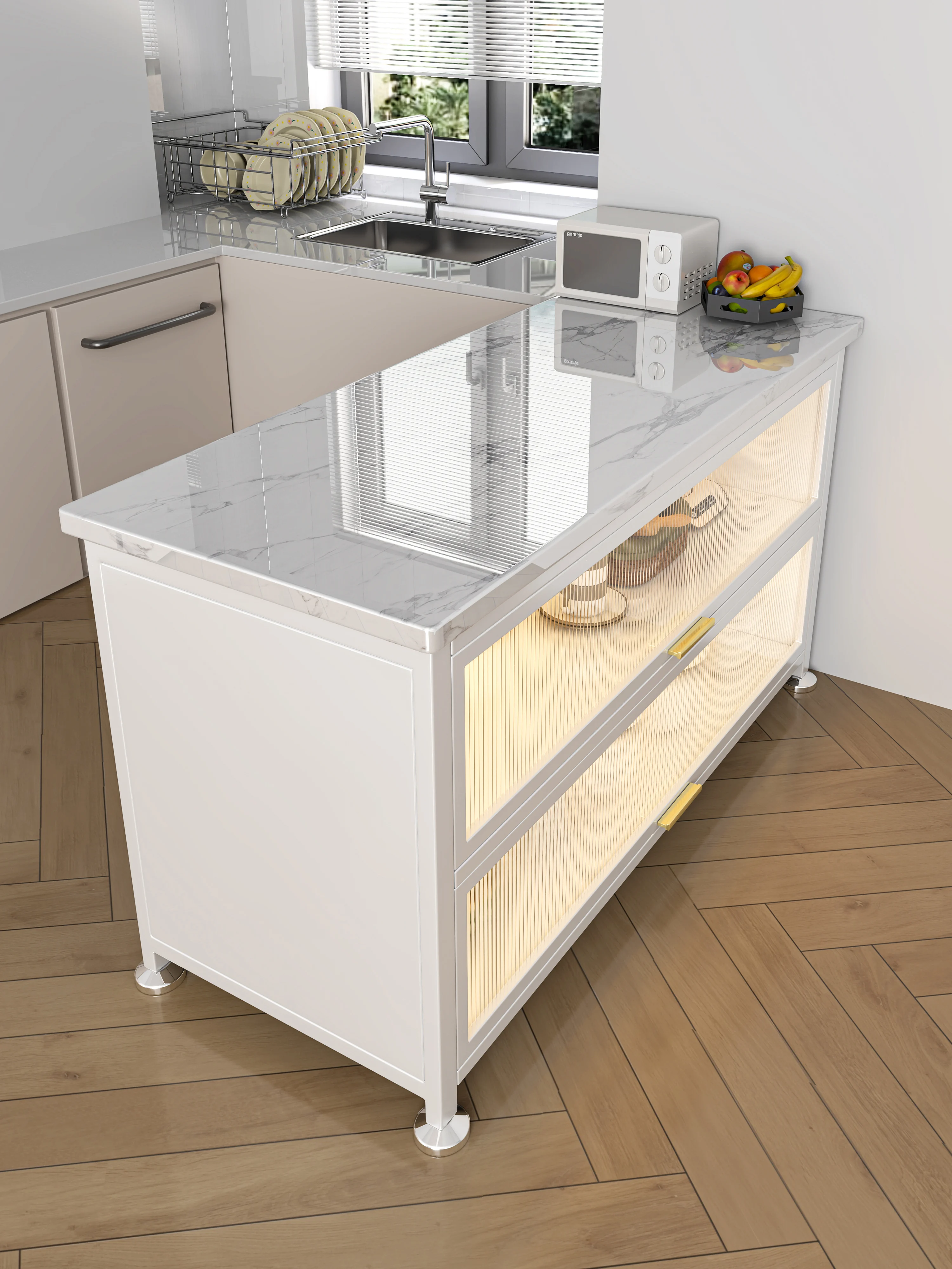 

Kitchen shelf Floor-to-ceiling workbench Rock slab Multi-layer microwave oven Side cabinet Dust-proof Multifunctional cupboard
