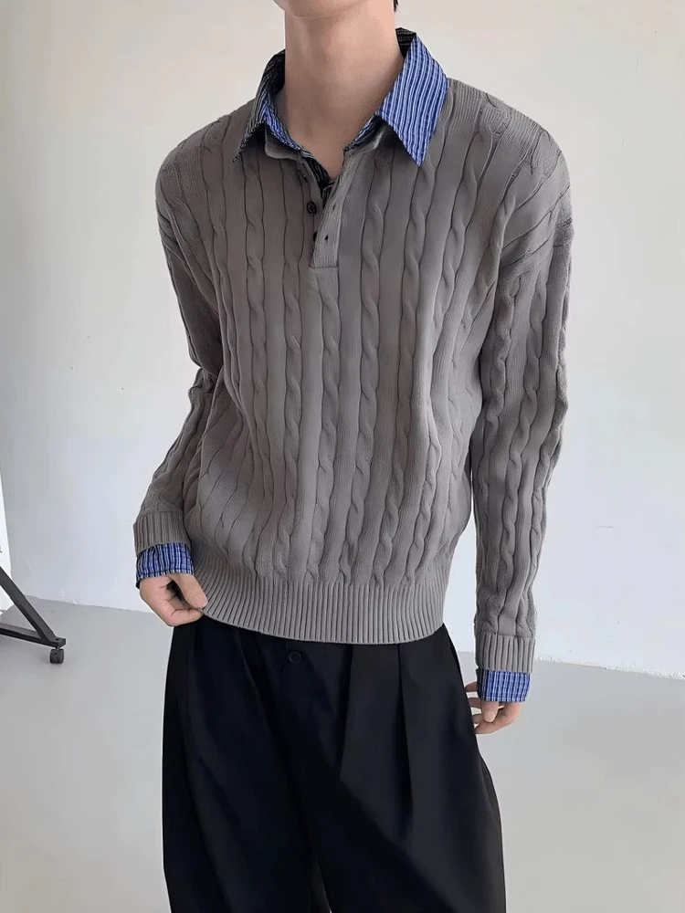 Bla Knitted Long Sve Sweater Men's Sle Lazy  Coat Autumn Winter High End Feeling Fake Two-Piece Design Button Closure