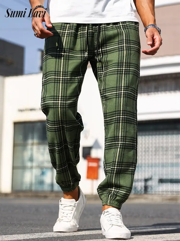 Sports Training Fashion Trousers Mens 2024 Fall Casual Loose Drawstring Pants Men Fashionable Plaid Striped Printed Pants Male