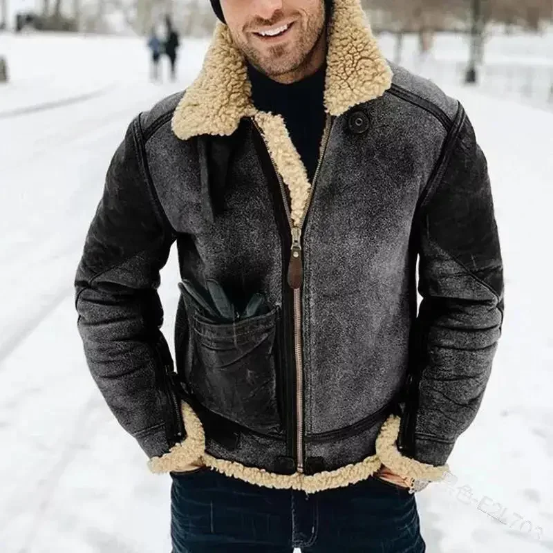 Men's Jacket Thickened Warm Faux Leather Warm Jacket Large Lapel Contrasting Color European American Suede Fur One-piece Jacket