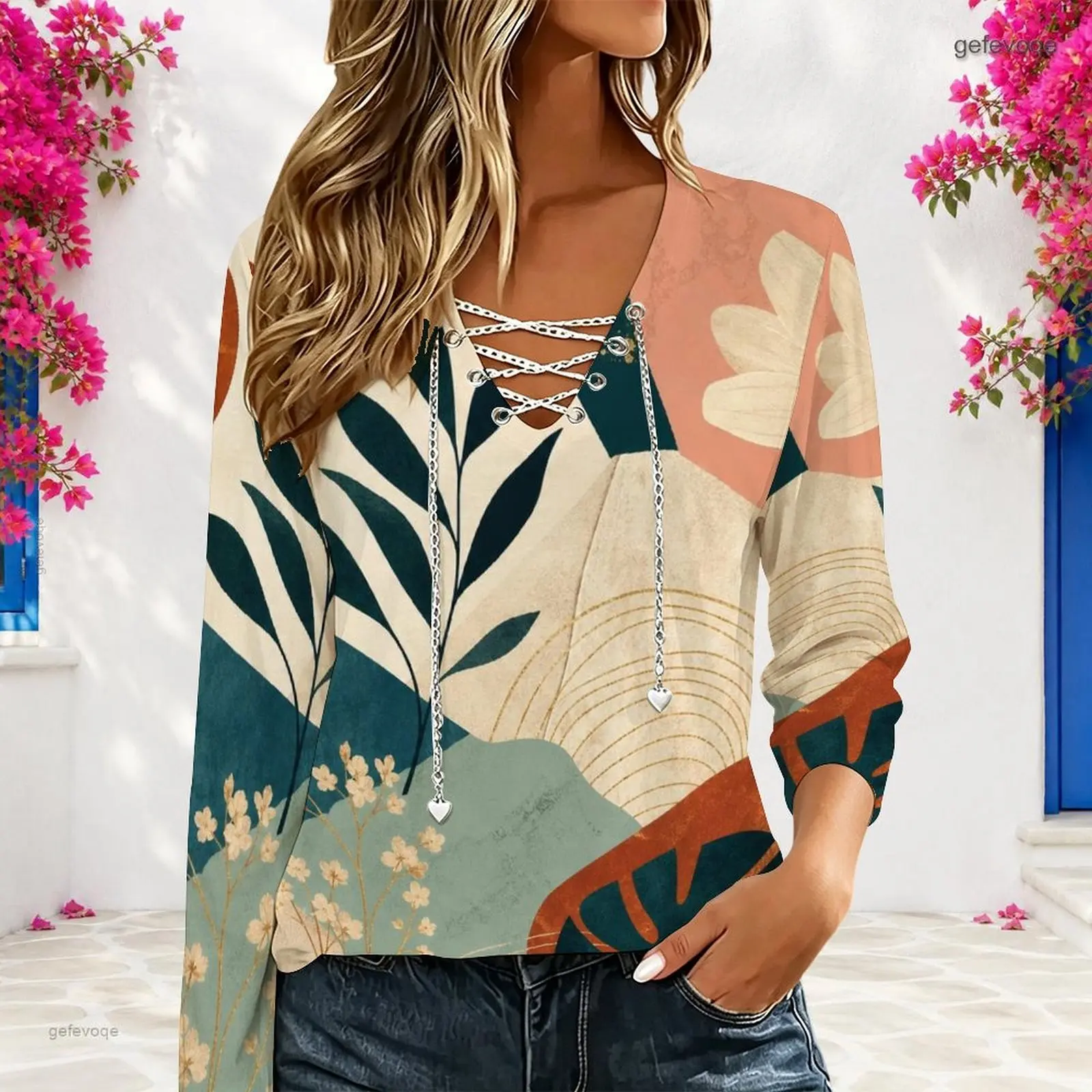 Women White Abstract Blue Teal Brush Printed V Neck Chain Lace Up Long Sleeve Top