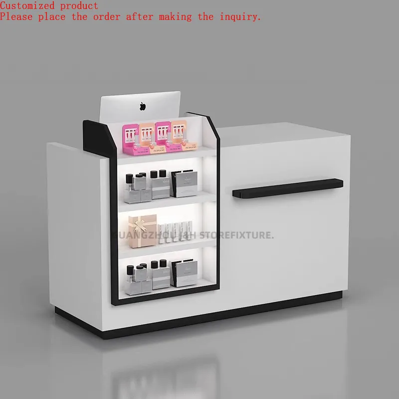 Popular Beauty Shop Perfume Display Counter Black Mdf Checkout Counter with Cosmetics Display Shelves