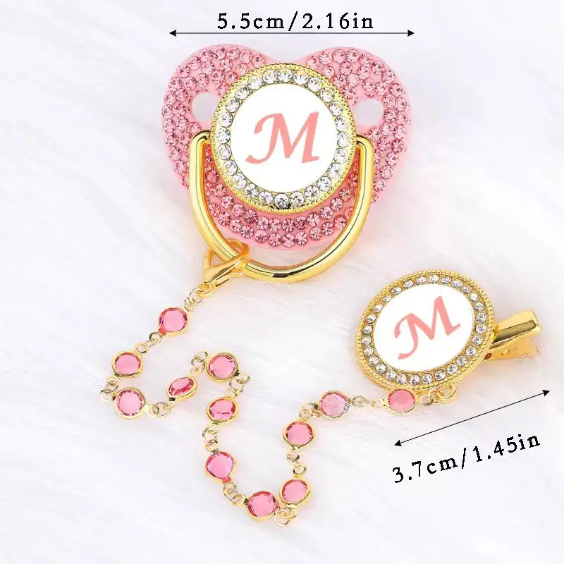 0-3-year-old baby girl pink luxurious diamond letter pacifier, with gemstone chain clip, dust cover, best baby gift, BPA free,