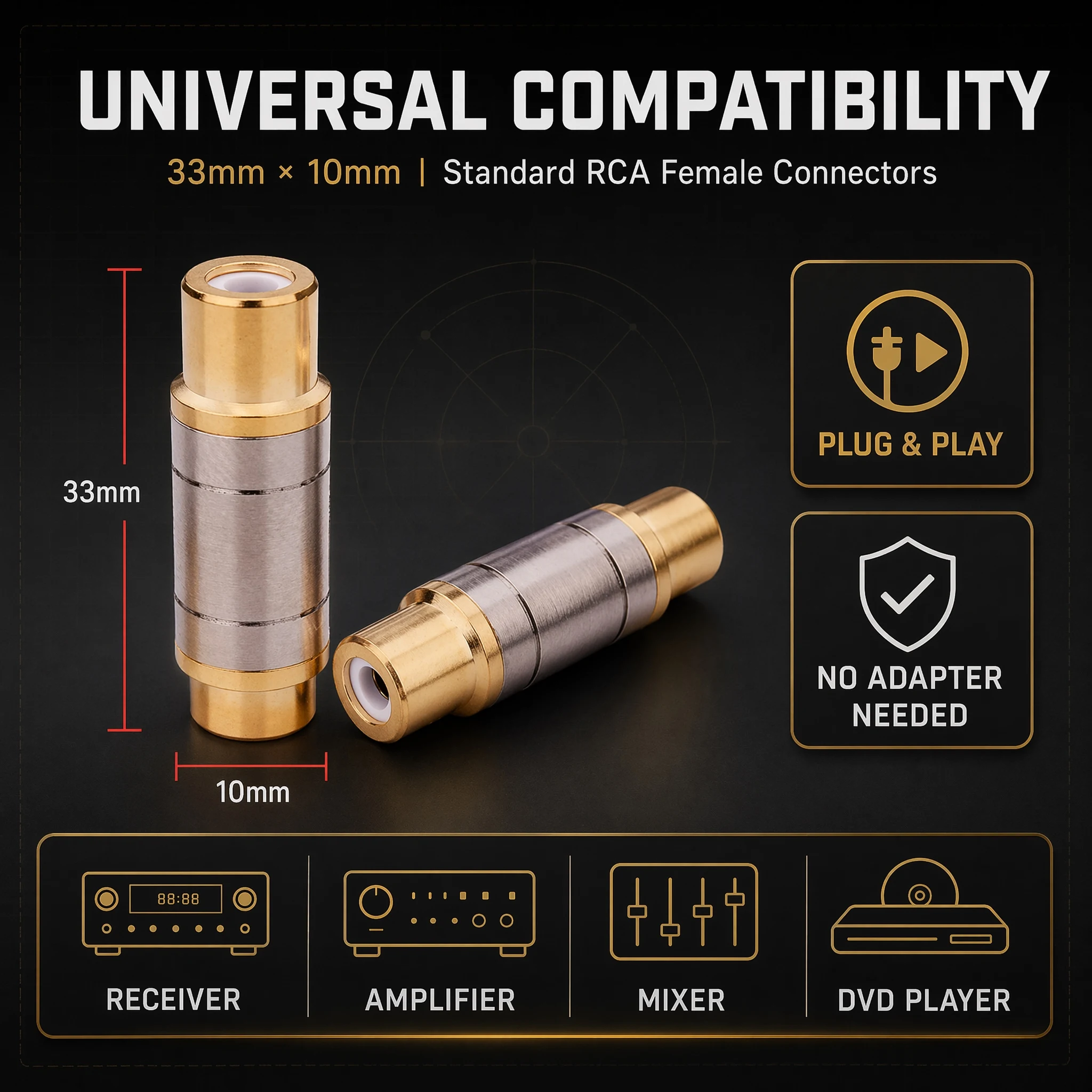 2Pack RCA Female To Female Coupler Plated Pure Copper Audio Adapter RCA Cable Extender for Home Theater HiFi Stereo System