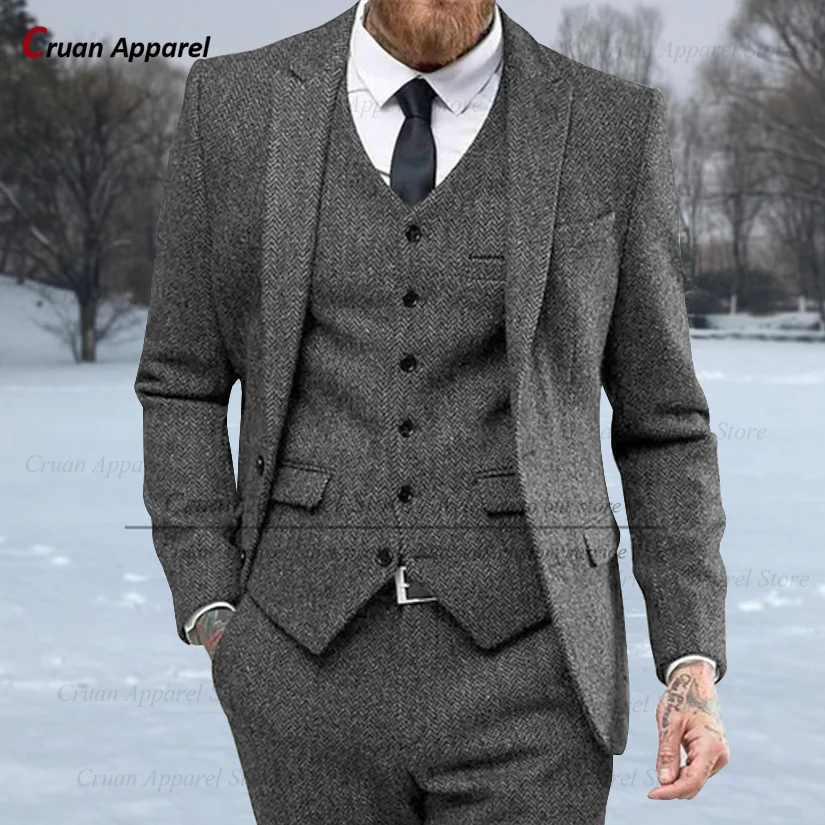 Grey Tweed Suits for Men Slim Fit Formal Herringbone Groom Vintage Wedding Tuxedo Casual Business Jacket Vest Pants 3 Pieces Set