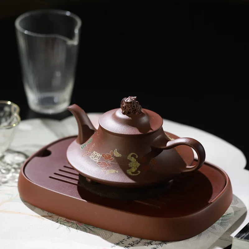 High-End Purple Clay Teapot Purely Handmade Tea Set Made Raw Ore From Yixing With Clear Color Painting Symbolizing Wealth