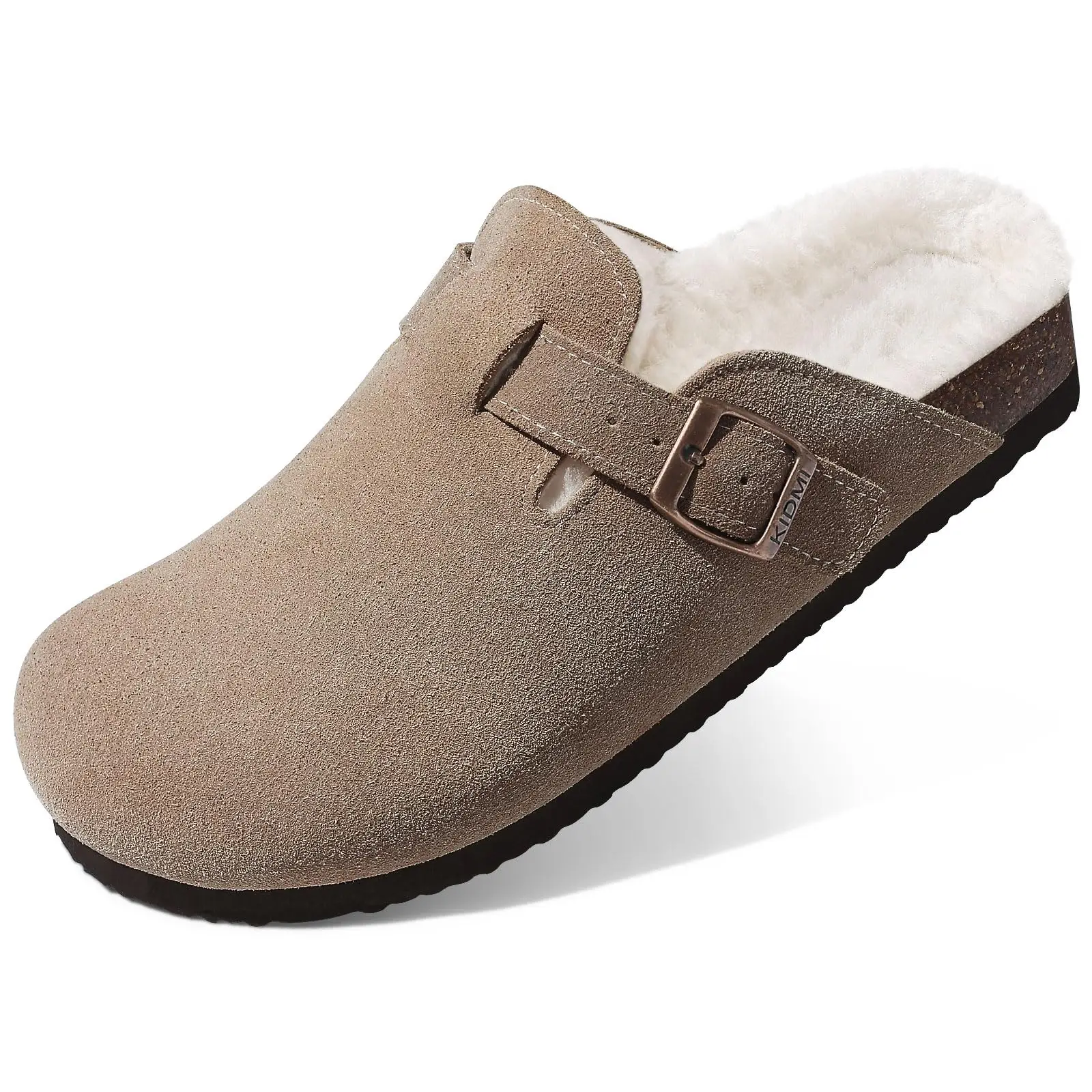 Kidmi Winter Women Cork Suede Mules Winter Fuzzy Men Clogs Shoes Classic Cork Antiskid Outdoor Clogs Slippers With Arch Support