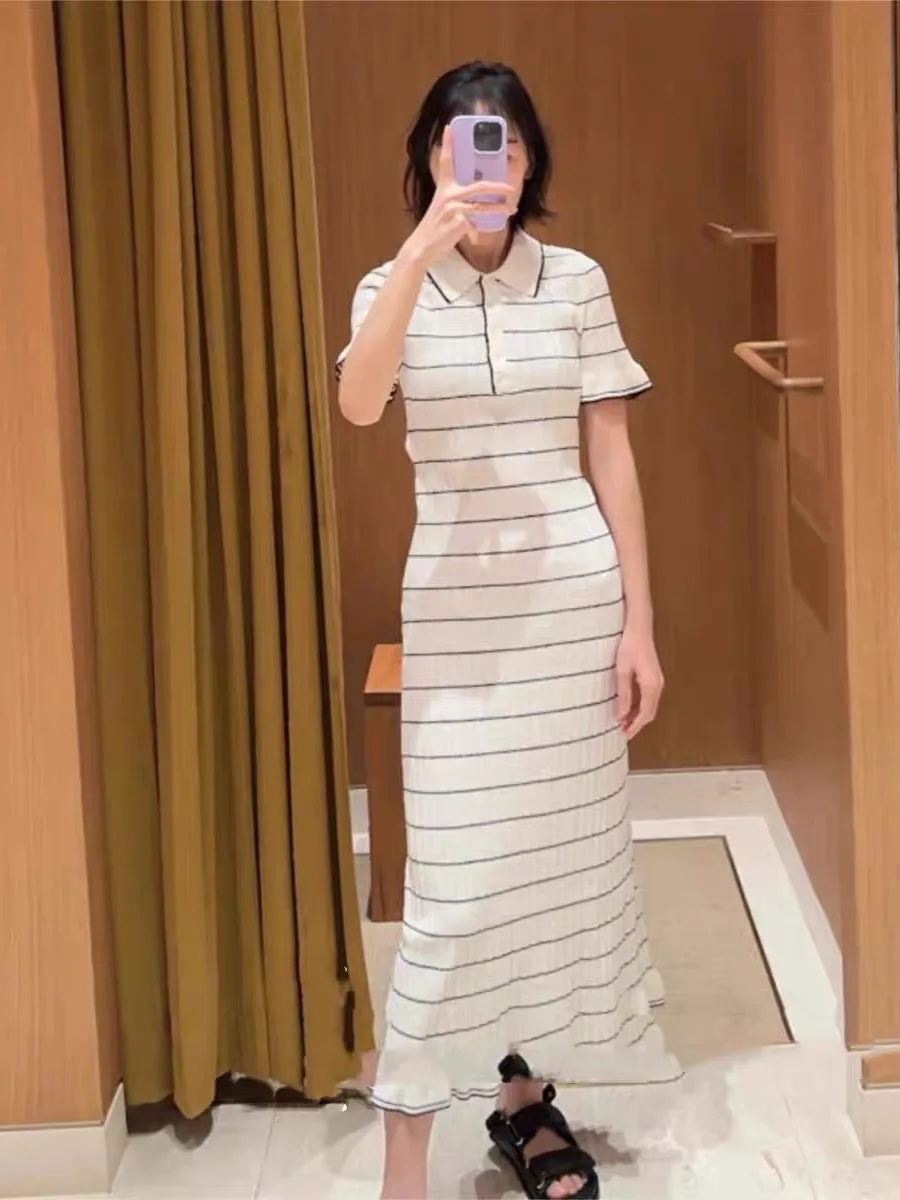 

Ele Long Knitted Dr Striped ort Sve Slim Fit Midi Dr Faionable Color Blo Design High End Version Women's D...