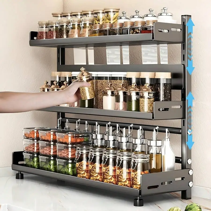 3‑Tier Kitchen Spice Storage Rack, 40/50 Cm Spice Jar Organizer, Carbon Steel Metal Construction, Height‑Adjustable Vertical Storage Shelf With Sliding Rails & Knife Holder, Ideal For Kitchen & Bathroom Storage, Perfect Housewarming Gift!