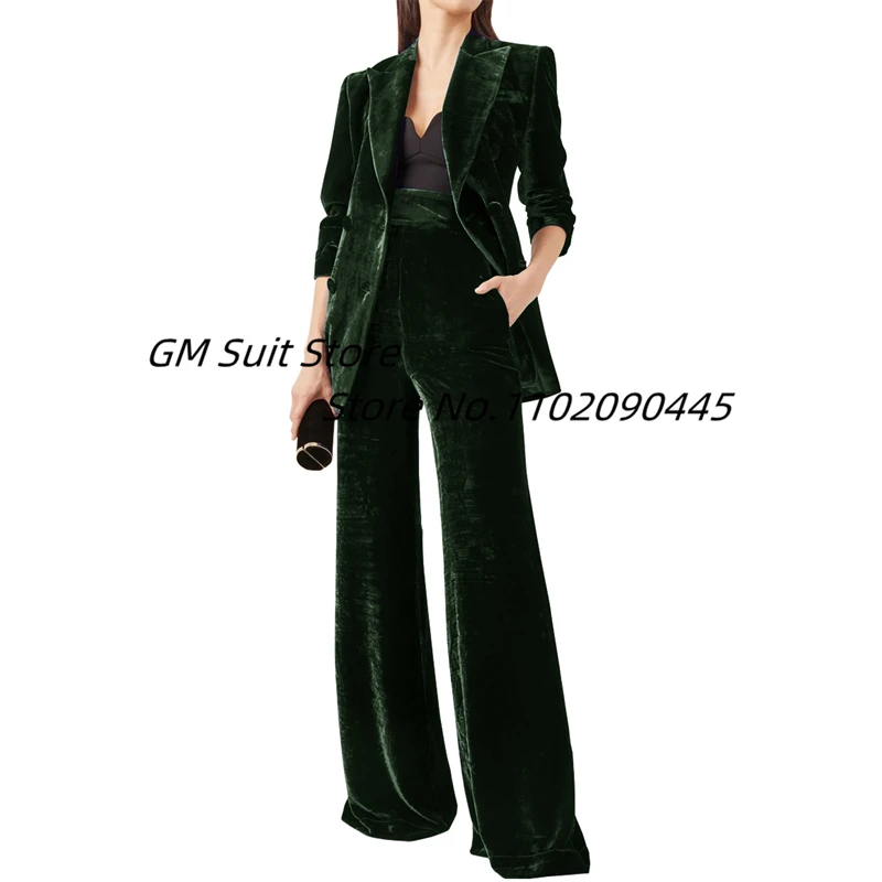 Women\'s Velvet 2 Piece Suit Office Lady Business Blazer&Pants Double Breasted Bridal Wedding Tuxedos