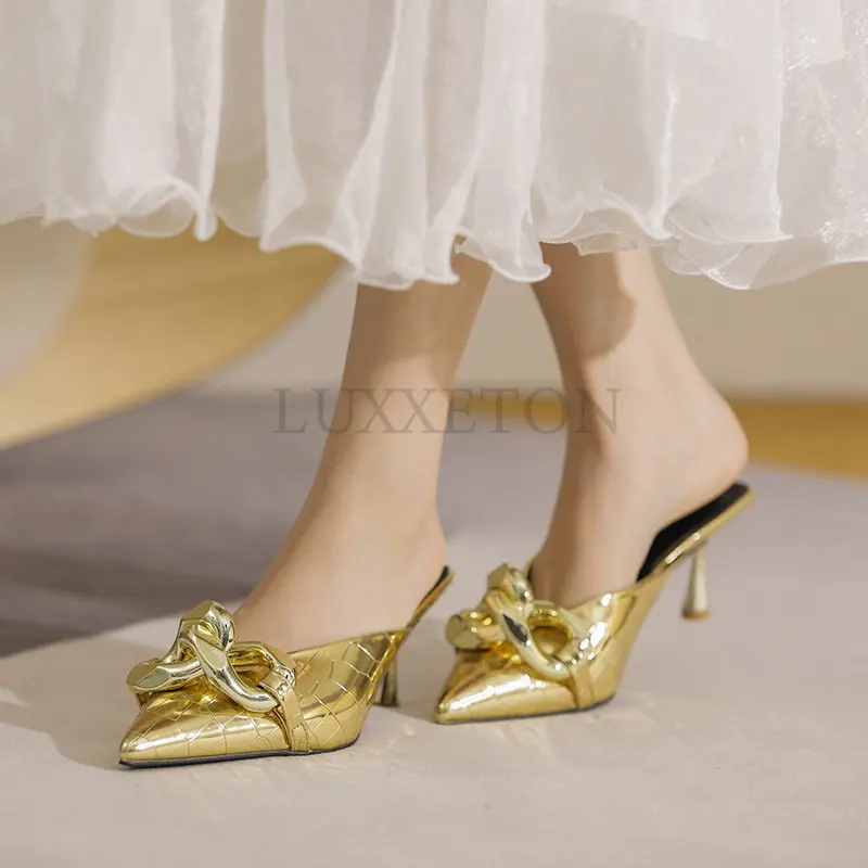 Golden Pointed Toe Patent Leather Low Heel Slippers Pumps Women Baotou Fashion Spring Soft Leather Ladies Kitten Muller Shoes