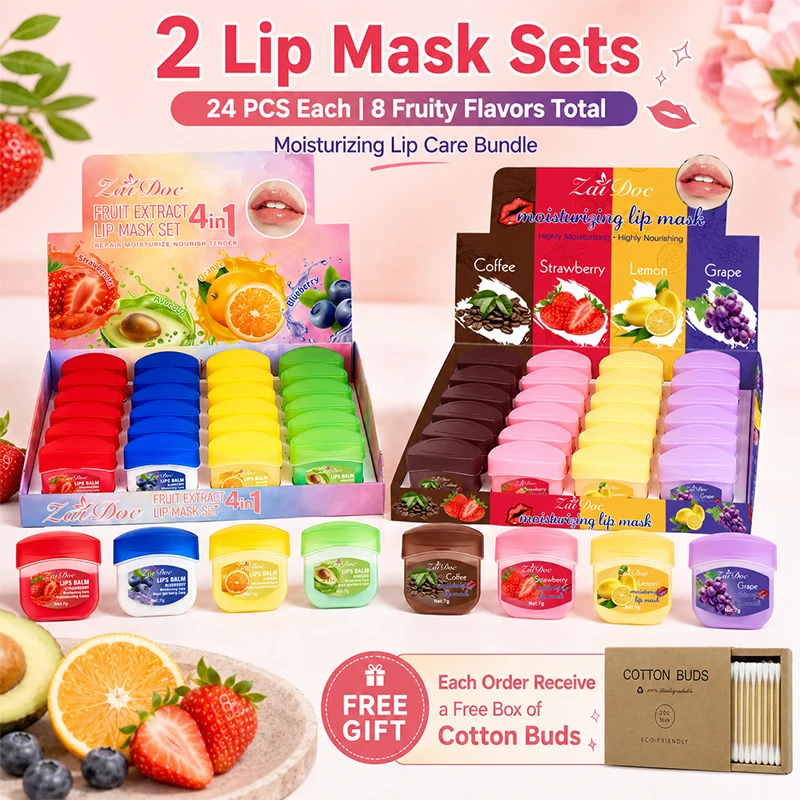 ZaiDoc 24 Pack Lip Mask Set Moisturizing Fruit Extract Lip Balm Variety Pack for Dry Chapped Lips 7 Flavors Strawberry Orange Avocado Blueberry Coffee Lemon Grape