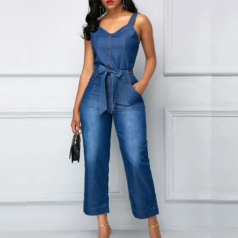 Macacão jeans elegante sem costas feminino com bolsos, bodysuit ajustado, jeans geral, alça longa, ombro fora, moda cinto, senhora do escritório