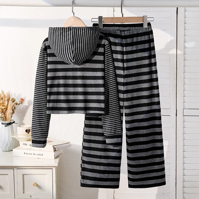 Girls 8-12 Striped Outfit, Hooded Button Long Sleeve Crop Top Matching Wide Leg Pants Kids Casual Autumn Two Piece Set