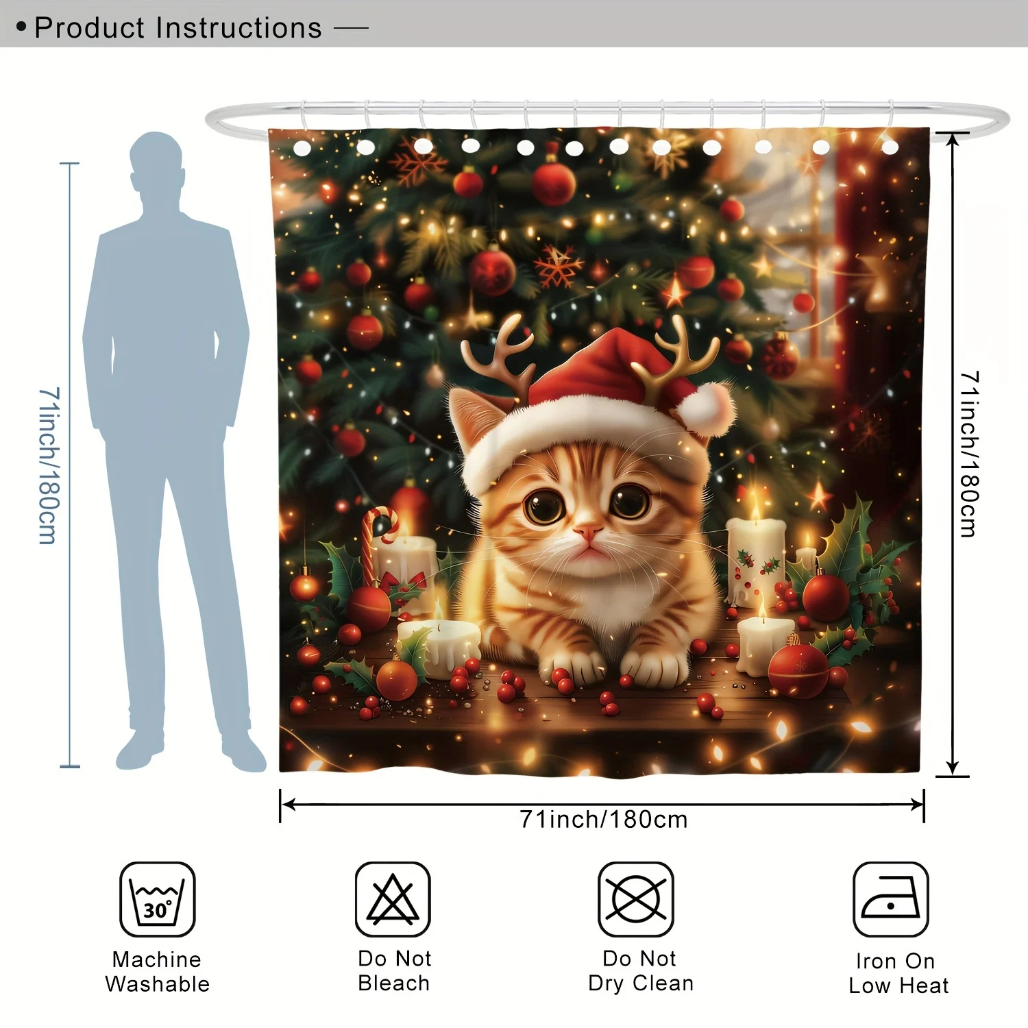 4PCS Christmas Cat & Reindeer Shower Set,Green Yellow Holly Bell Ball Print 12 Hooks Non-Slip Mat U-Seat Cover Holiday Decor