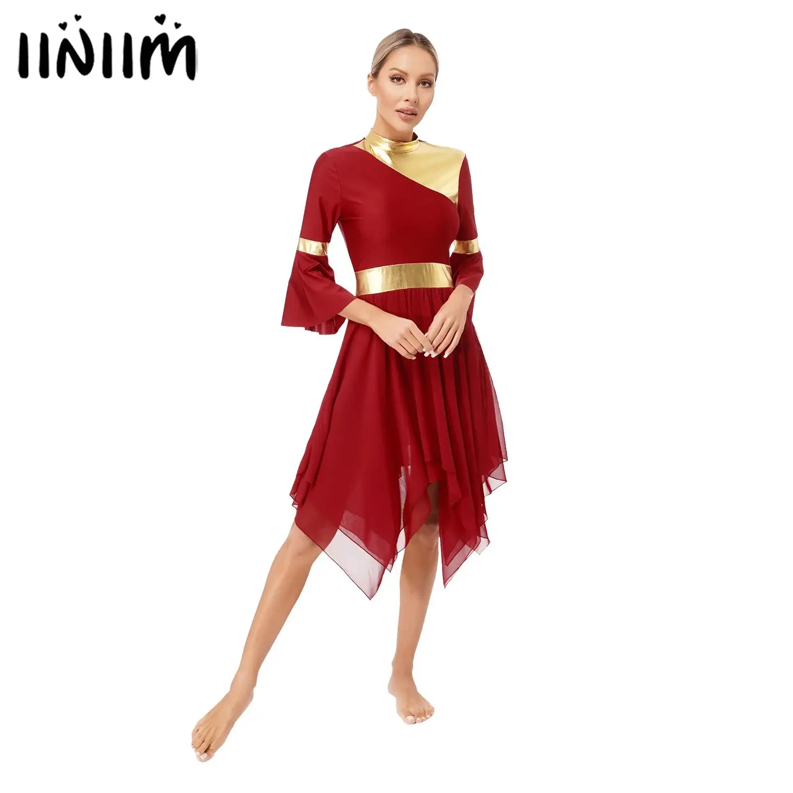 Womens Liturgical Praise Choir Church Worship Dance Performance Dress Flare Sleeve Asymmetrical Hem Lyrical Ballet Dance Dresses