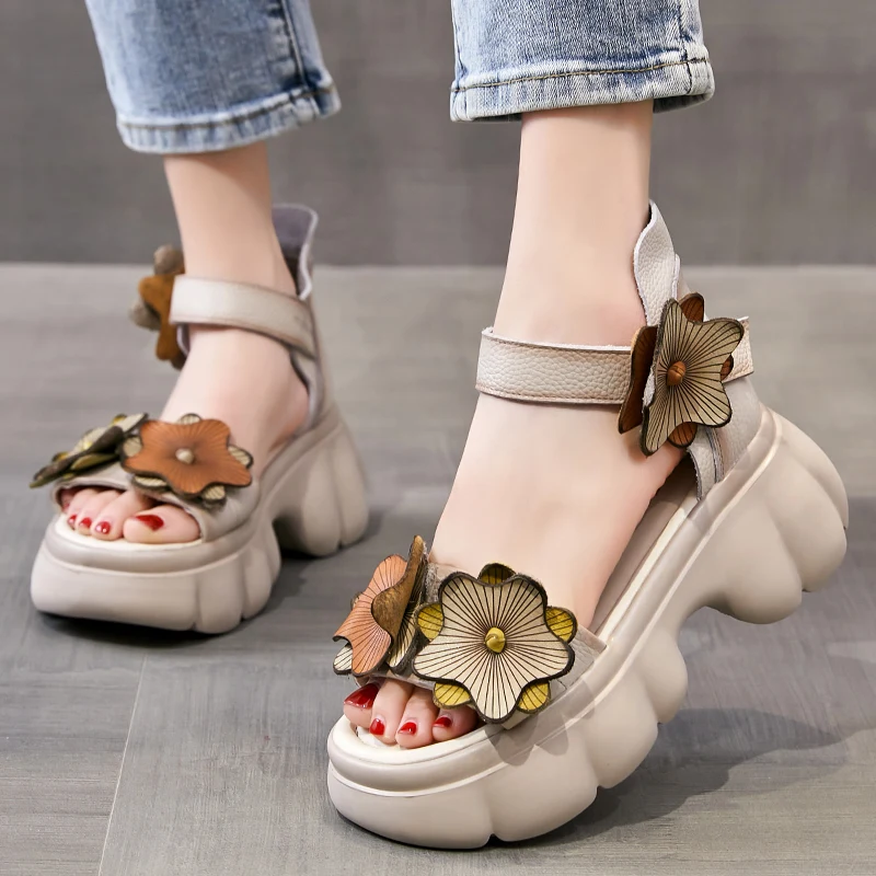 GKTINOO Women Sandals Genuine Leather 2024 New Summer Women Shoes hook & loop Retro Wedges Casual Platform Ladies Sandals