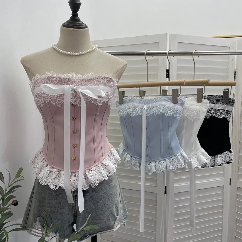 ISAROSE Royal Style Tops for Women Sweet Lace Patchwork Strapless Braless Back Stretch Slim Short Camisole with Ribbon Bow