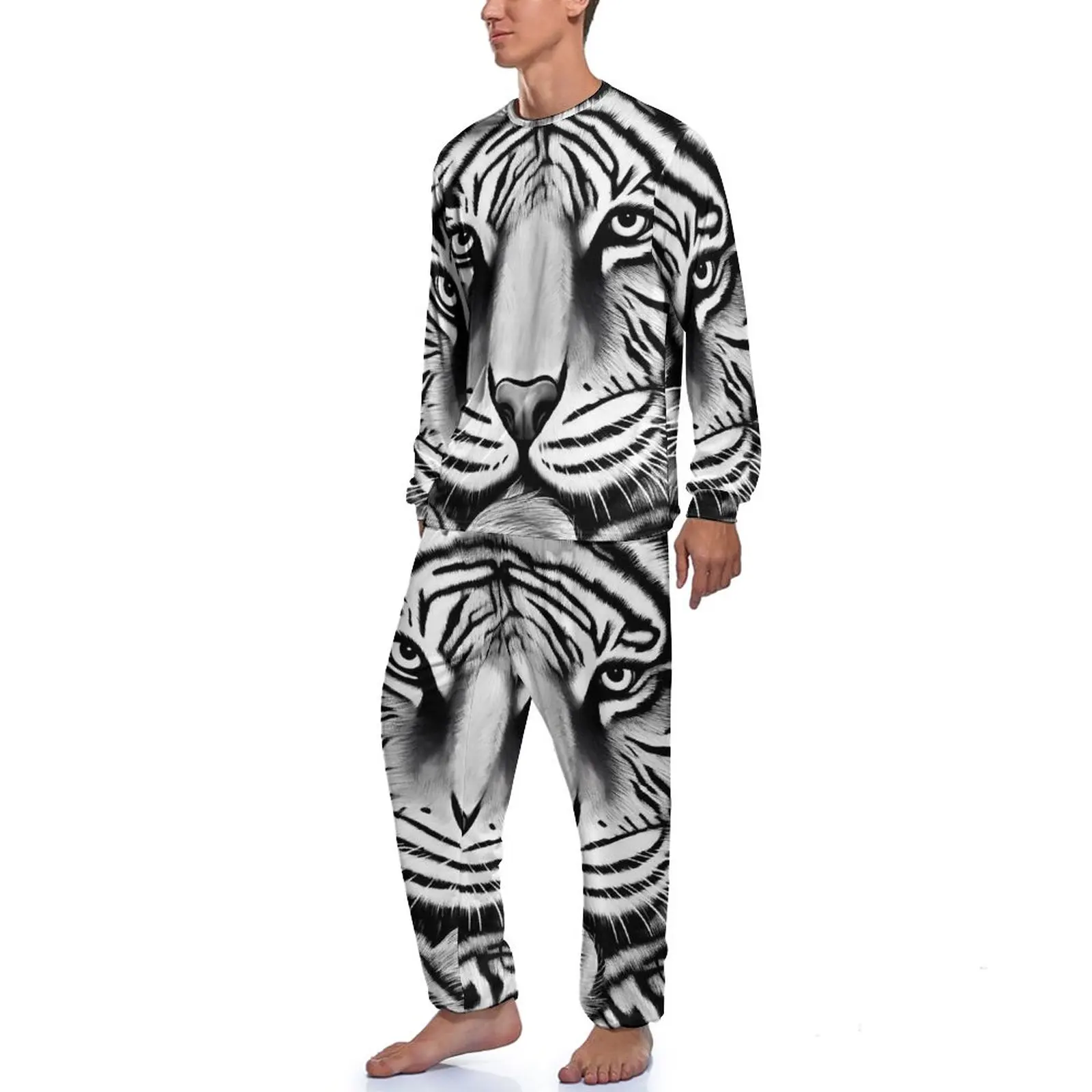 Black And White Tiger Pajamas Spring 2 Pieces Retro Animal Kawaii Pajama Sets Men Long Sleeve Night Design Nightwear