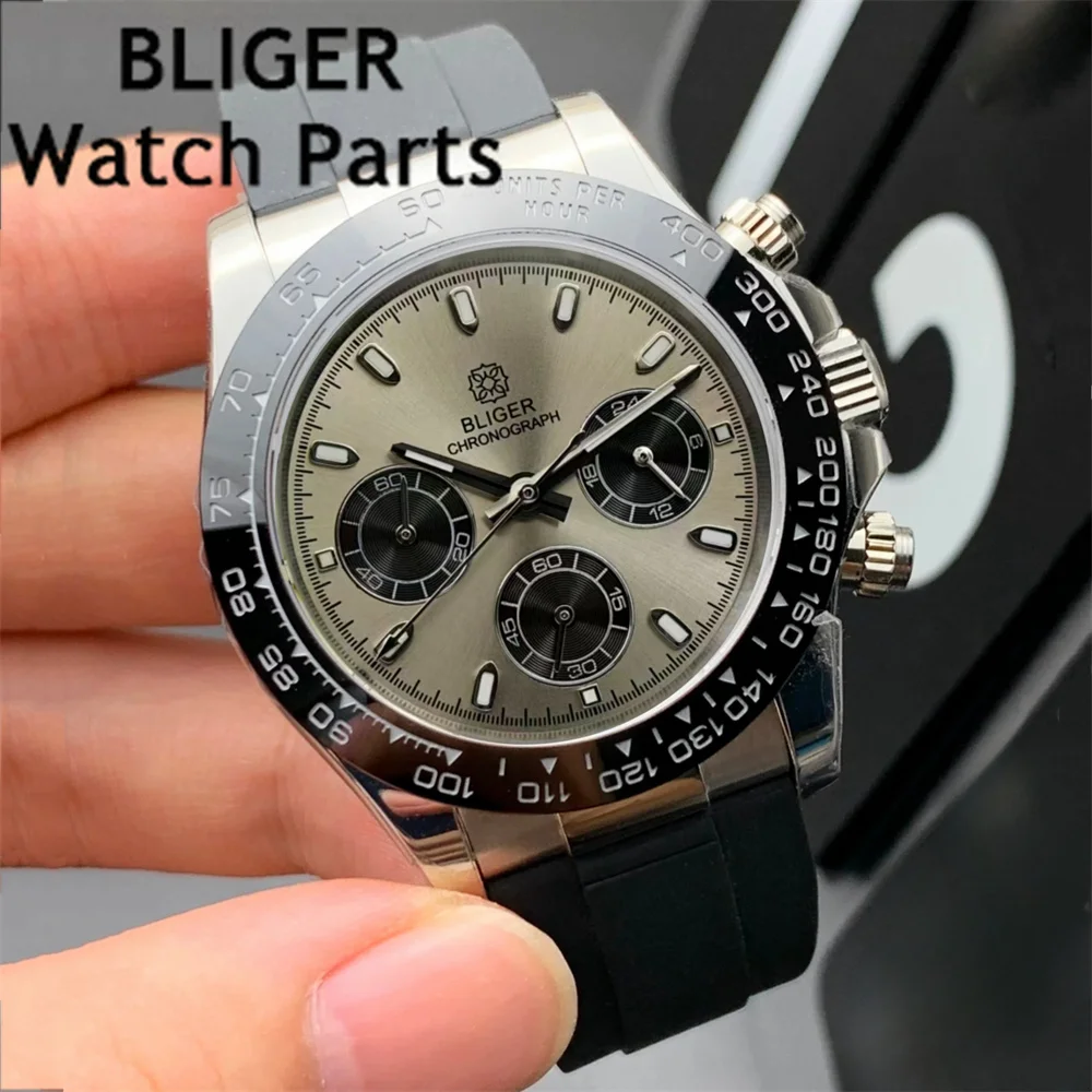 BLIGER 39mm Gray Dial Chronograph VK63 Quartz Men\'s Watch Fixed Ceramic Bezel Sapphire Glass Green Luminous Steel/Rubber Strap