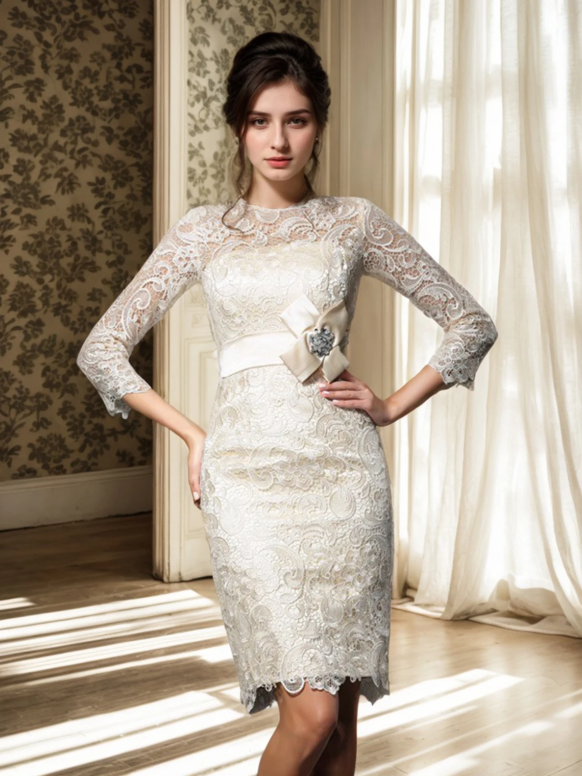 

Elegant Sheath Mother Dress Lace Appliqu Bow knot 3/4 Sleeve Knee Length Jewel Neck Wedding Guest Dress 2025 Free Customized
