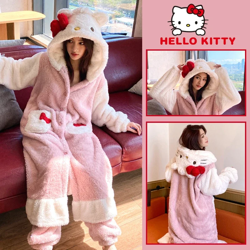 Sanrio Hello Kitty Pajama Cartoon Anime Nightgown Thicker Women Warm Sleepwear Sweet Hooded Flannel Robe Soft Kawaii Homewear