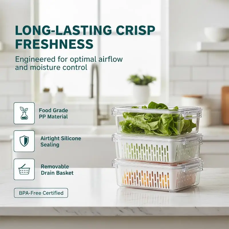 BPA-Free Airtight Fridge Storage Containers 1/3Pcs Drain Basket Reusable for Fruit Vegetable Refrigerator Organization